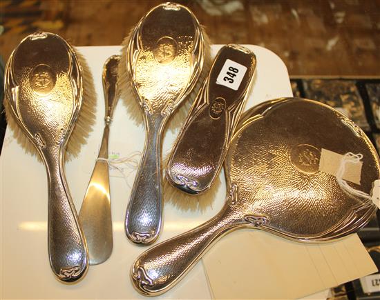 Silver five-piece dressing table set, engraved monogram (with Army & Navy original receipt